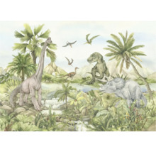 Illustration einer Dinosaurierszene mit Brachiosaurus, Tyrannosaurus Rex, Triceratops und Flugsauriern in tropischer Umgebung