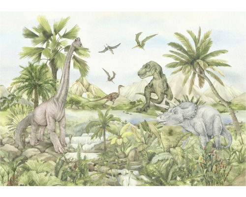 Illustration einer Dinosaurierszene mit Brachiosaurus, Tyrannosaurus Rex, Triceratops und Flugsauriern in tropischer Umgebung
