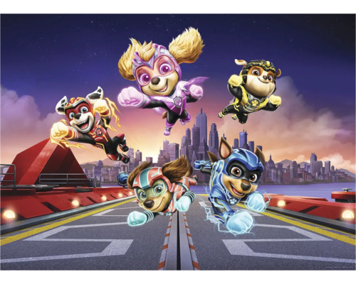 Paw Patrol Superhelden auf einer Startbahn vor einer Stadtkulisse