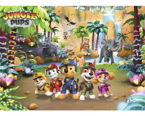 Jungle Pups Illustration mit Paw Patrol Charakteren, Dschungel und Wasserfall
