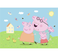 Illustration einer Peppa Pig Familie in einer ländlichen Szene mit Haus, Enten und Insekten