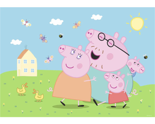 Illustration einer Peppa Pig Familie in einer ländlichen Szene mit Haus, Enten und Insekten