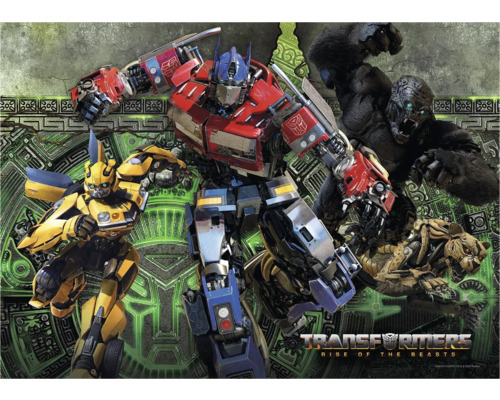 Transformers Rise of the Beasts Poster mit Bumblebee, Optimus Prime und einem Gorilla