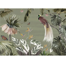 Illustration mit einem Paradiesvogel, tropischen Blumen und Blättern