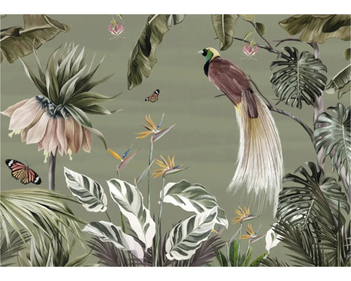 Illustration mit einem Paradiesvogel, tropischen Blumen und Blättern