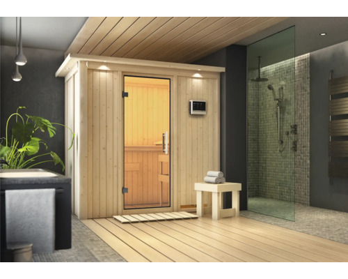 Elementsauna Karibu Mariado inkl. 9 kW Ofen u.ext.Steuerung mit Dachkranz und Ganzglastüre aus Klarglas Sauna aus Holz mit Glastür und Duschbereich