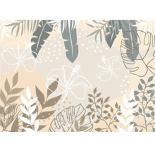 Illustration mit tropischen Blättern und Hibiskusblüten