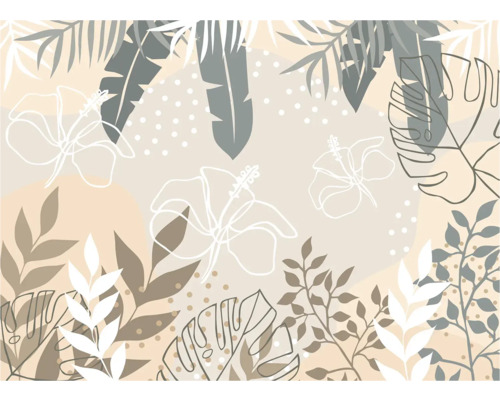 Illustration mit tropischen Blättern und Hibiskusblüten