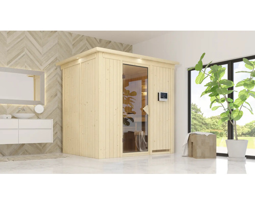 Elementsauna Karibu Bodina inkl. 9 kW Ofen u.ext.Steuerung mit Dachkranz und bronzierter Ganzglastüre Moderne Badezimmerszene mit einer Holzsauna, einem Waschtisch und einem Spiegel
