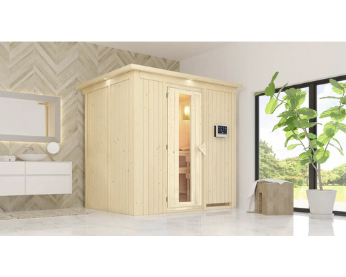 Moderne Badezimmerszene mit Holzsauna, Waschtisch und Pflanze