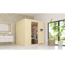 Holzsauna mit Glastür und digitalem Bedienfeld in einem hellen Badezimmer.