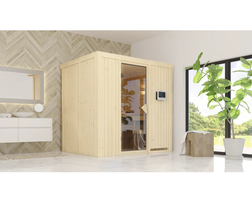 Holzsauna mit Glastür und digitalem Bedienfeld in einem hellen Badezimmer.