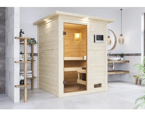 Moderne Badezimmerszene mit Holzsauna, Regal und Waschtisch