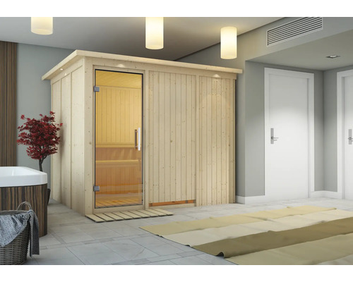 Finnische Sauna mit Glastür in einem Badezimmer