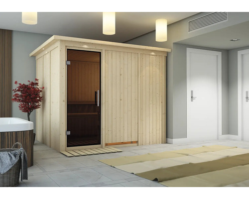 Elementsauna Karibu Gobina inkl. 9 kW Ofen u.integr.Steuerung mit Dachkranz und graphitfarbeneer Ganzglastüre Holzsauna mit Glastür in einem Badezimmer