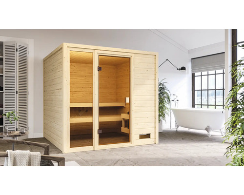 Massivholzsauna Karibu Jutta inkl.9 kW Ofen u.integr.Steuerung ohne Dachkranz mit bronzierter Ganzglastüre Innenraumsauna aus Holz mit Glastür im Badezimmer