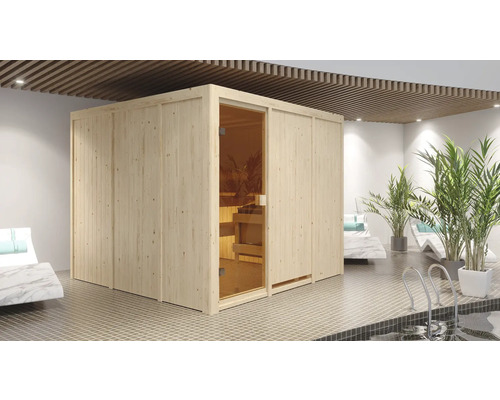 Elementsauna Karibu Arvika inkl.9 kW Ofen zu.integr.Steuerung ohne Dachkranz mit bronzierter Ganzglastüre Sauna aus Holz mit Glastür in einem Wellnessbereich