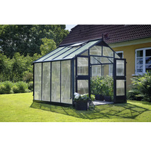 Gewächshaus mit geöffneter Tür im Garten