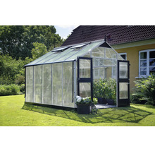 Gewächshaus mit geöffneten Türen im Garten
