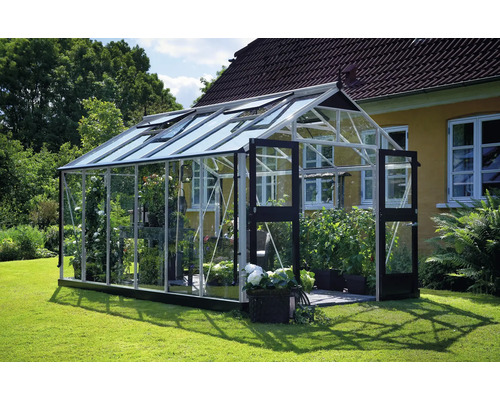 Gewächshaus JULIANA Premium 13 m² 3 mm Sicherheitsglas 296 x 439 cm Aluminium Gewächshaus mit Pflanzen im Garten