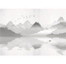 Illustration einer Berglandschaft mit See, Boot und Vogelschwarm