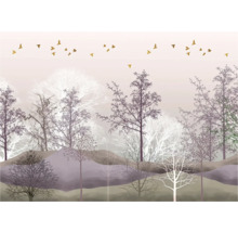 Dekorative Tapete mit Waldmuster und Vogelschwarm