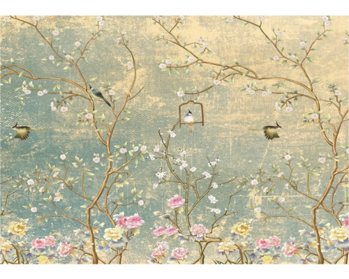 Tapete mit Baum-, Blumen- und Vogelmotiv