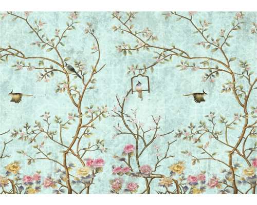 Tapete mit Baum-, Vogel- und Blumenmuster