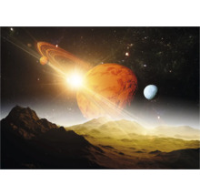 Illustration einer fernen Landschaft mit Planeten, Monden und Sternen