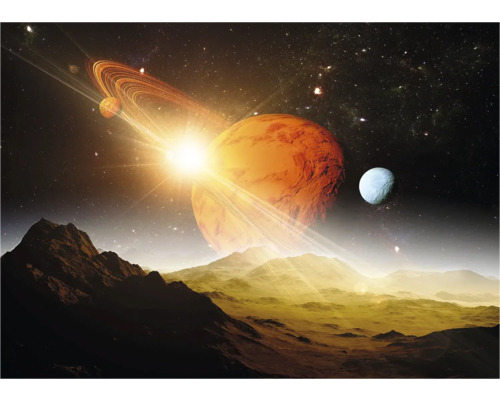 Illustration einer fernen Landschaft mit Planeten, Monden und Sternen