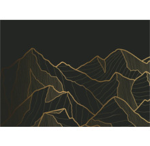 Illustration einer Berglandschaft mit goldenen Konturen auf dunklem Hintergrund