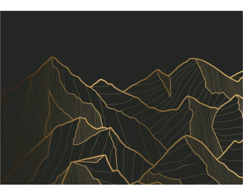 Illustration einer Berglandschaft mit goldenen Konturen auf dunklem Hintergrund