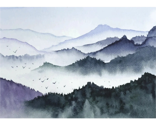 Aquarellmalerei mit Bergen und Vogelschwarm