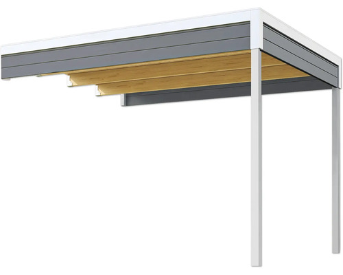 Moderne Terrassenüberdachung mit Holzlamellen und stabilen Pfosten