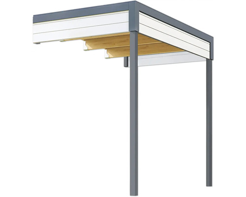 Überdachung mit Holzlamellen und Metallrahmen