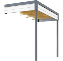 Terrassenüberdachung mit grauen Pfosten und Holzlamellen