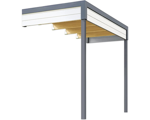Terrassenüberdachung mit grauen Pfosten und Holzlamellen