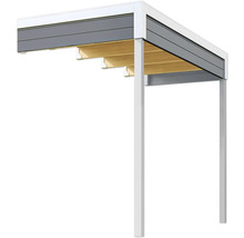 Detailansicht einer Terrassenüberdachung mit Holzunterbau und Aluminiumrahmen