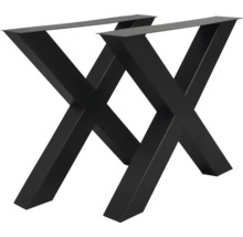 Zwei X-förmige Tischkufen aus schwarzem Metall.