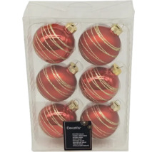 Packung mit sechs roten Weihnachtskugeln mit goldenen Streifen