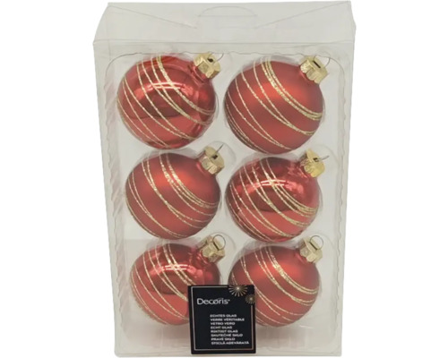 Packung mit sechs roten Weihnachtskugeln mit goldenen Streifen