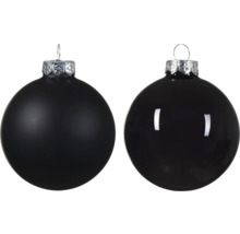 Zwei schwarze Weihnachtskugeln mit matter und glänzender Oberfläche