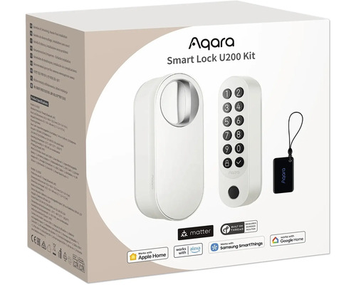 Aqara Smart Lock U200 Kit Produktverpackung mit Türschloss, Tastenfeld und Schlüsselanhänger