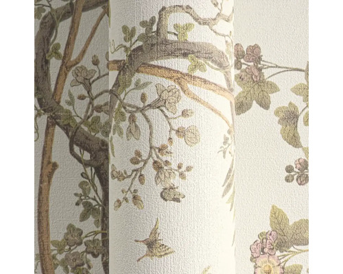 Tapete mit Baum-, Blüten- und Vogelmuster