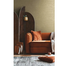 Wohnzimmer mit braunem Sofa, Raumteiler, Teppich und Dekorationen für eine gemütliche Atmosphäre