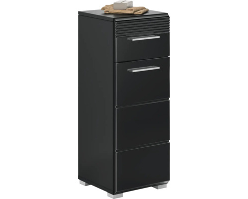 Schwarzer Badezimmer-Hochschrank mit drei Schubladen und Handtuch