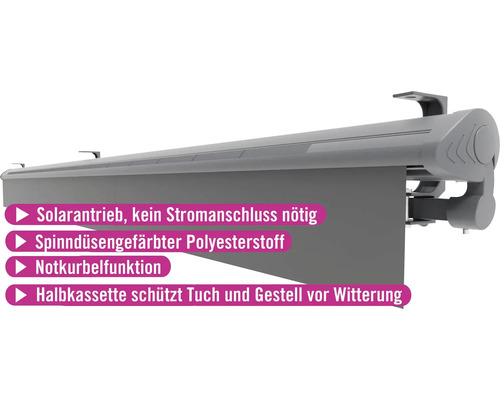 Halbkassettenmarkise Bari mit Solar Antrieb 4x3 Stoff Uni anthrazit Gestell RAL 7016 anthrazitgrau inkl. Motor mit Notkurbelfunktion, Fernbedienung Halbkassettenmarkise mit Solarfunktion und Polyesterstoff