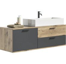 Waschtischunterschrank mit Aufsatzwaschbecken, Armatur, Seifenspender, Handtuch und Bürste