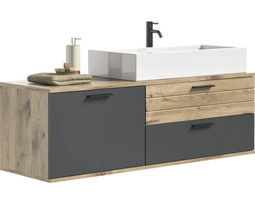 Waschtischunterschrank mit Aufsatzwaschbecken, Armatur, Seifenspender, Handtuch und Bürste