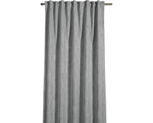 Grauer Vorhang mit Kräuselbandaufhängung an Gardinenstange
